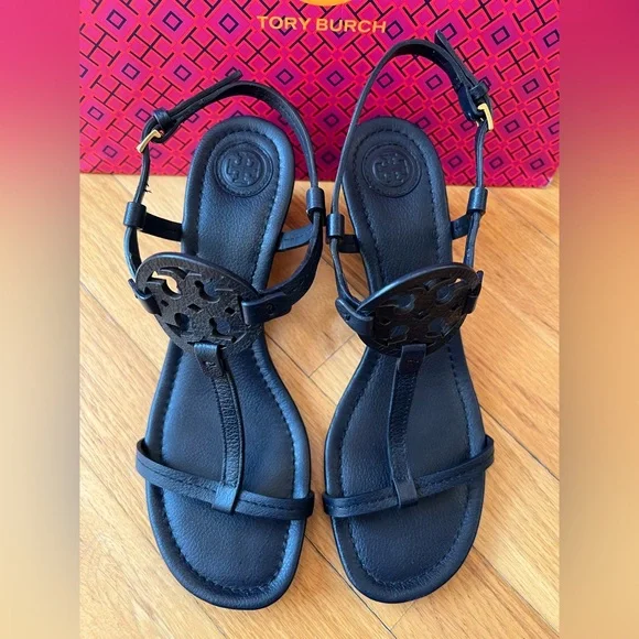 Tory Burch Navy Tumbled Leather Mini Miller 60MM Wedge Sandals - Picture 4 of 14